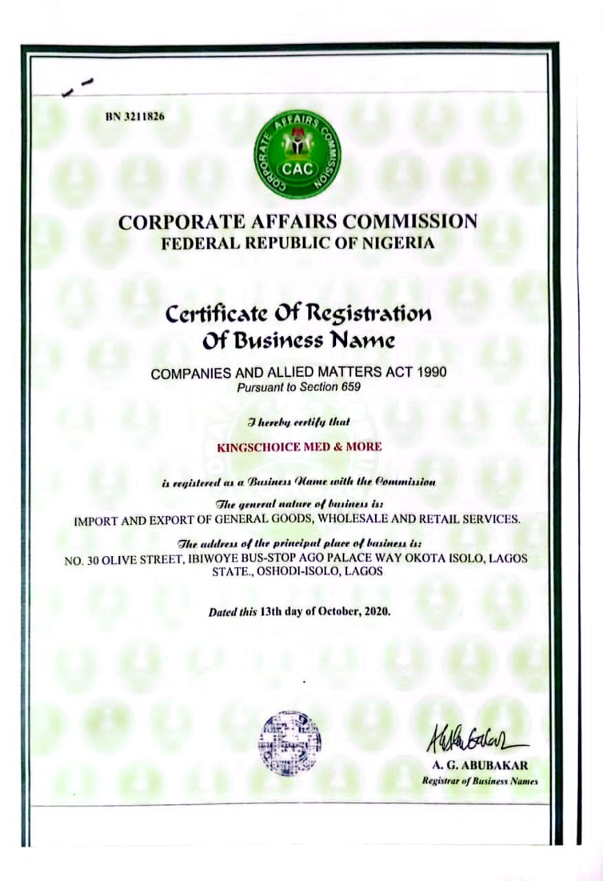 Kingschoice Med & More business registration certificate, BN 3211826